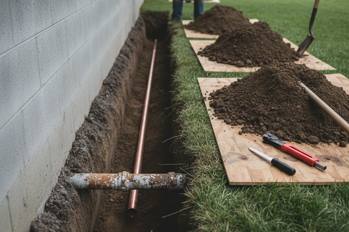 Excavated water line trench during Sewer Line Repair in Kelso